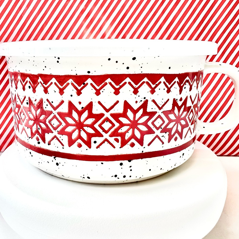 Red & White Snowflakes Stoneware Soup Mug Vent Lid With Handle Sweater Print - Picture 2 of 8